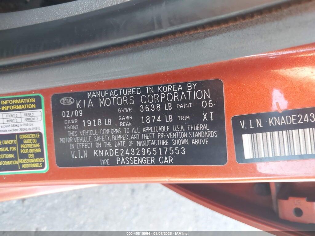 KNADE243296517553 2009 KIA RIO5 photo no. 9