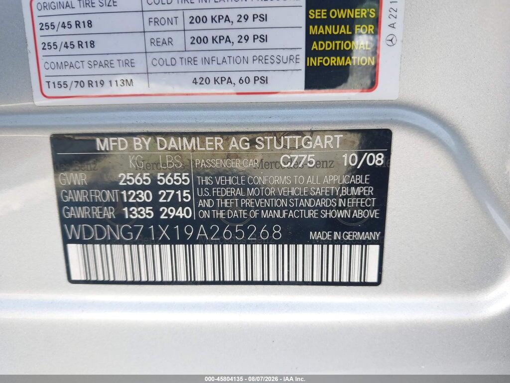 WDDNG71X19A265268 2009 MERCEDES-BENZ S 550 photo no. 9
