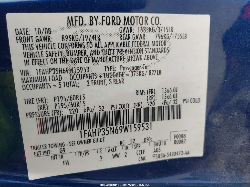1FAHP35N69W159531 2009 FORD FOCUS photo no. 9