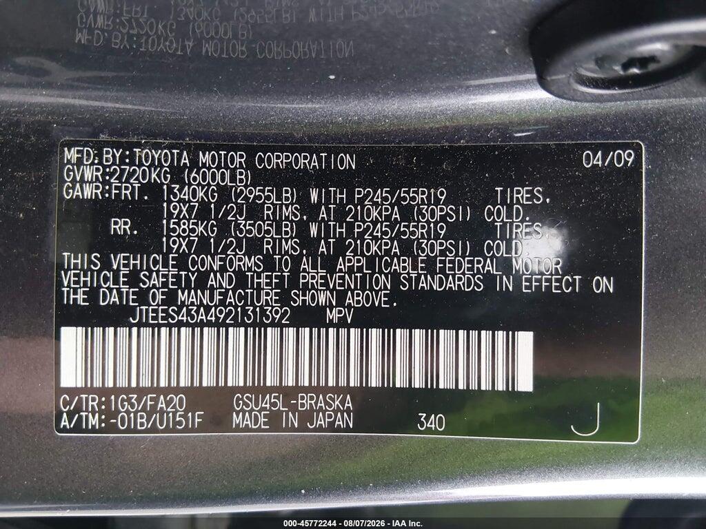 JTEES43A492131392 2009 TOYOTA HIGHLANDER photo no. 9