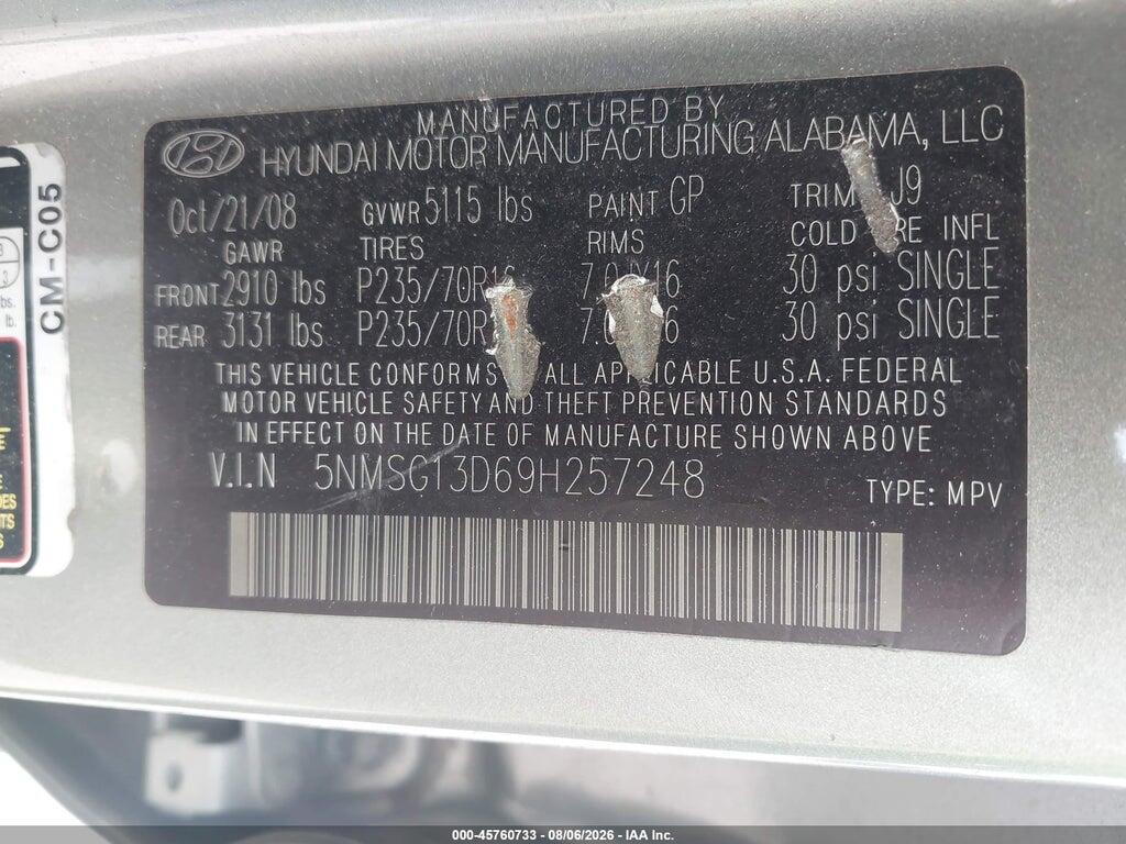 5NMSG13D69H257248 2009 HYUNDAI SANTA FE photo no. 9
