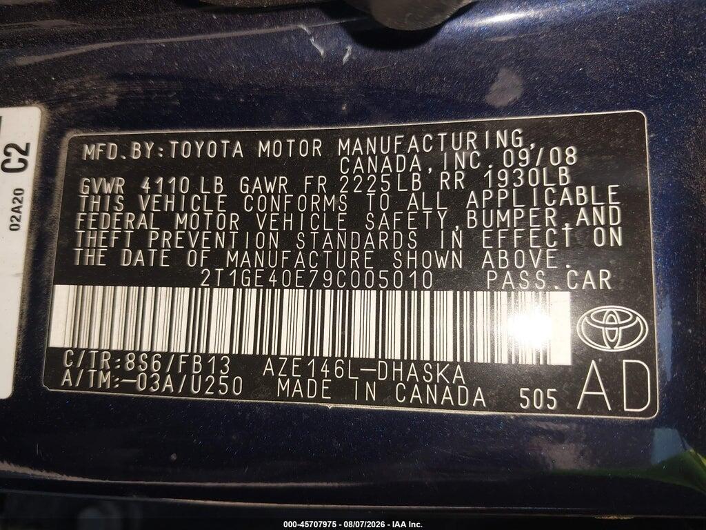 2T1GE40E79C005010 2009 TOYOTA MATRIX photo no. 9