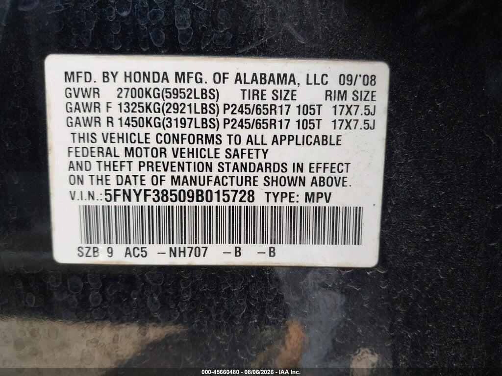 5FNYF38509B015728 2009 HONDA PILOT photo no. 9