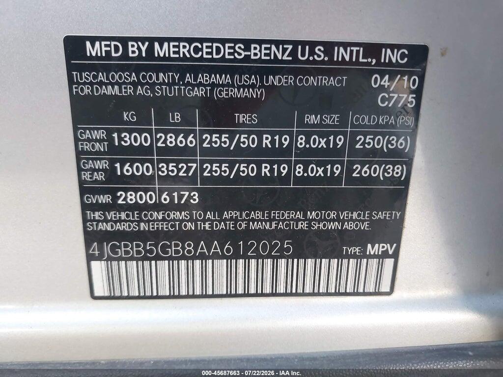 4JGBB5GB8AA612025 2010 MERCEDES-BENZ ML 350 photo no. 9