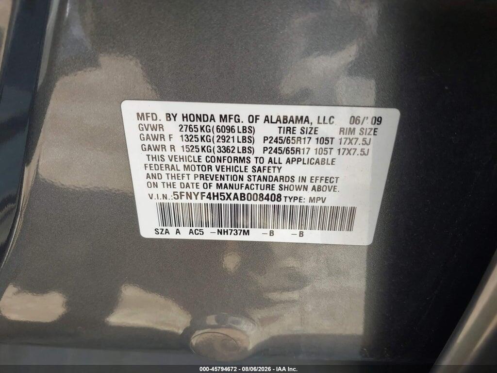 5FNYF4H5XAB008408 2010 HONDA PILOT photo no. 9