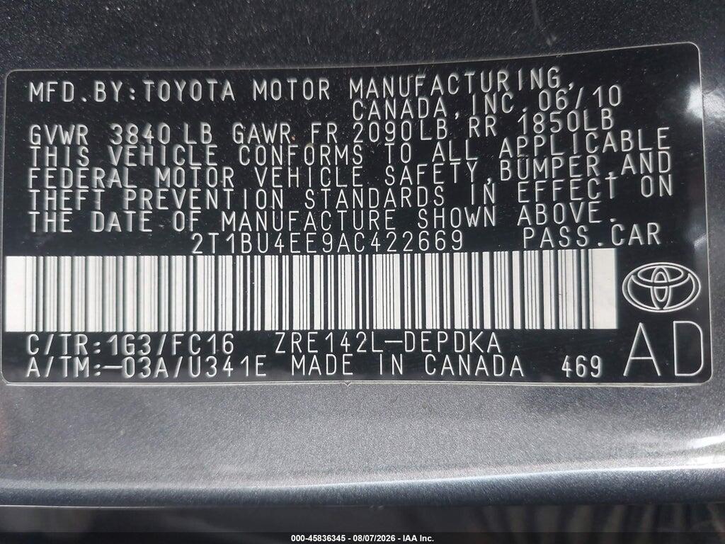 2T1BU4EE9AC422669 2010 TOYOTA COROLLA photo no. 9