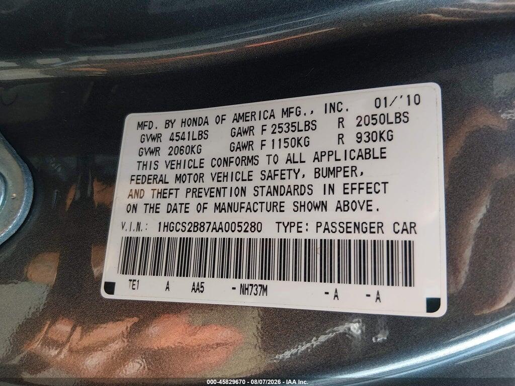 1HGCS2B87AA005280 2010 HONDA ACCORD photo no. 9