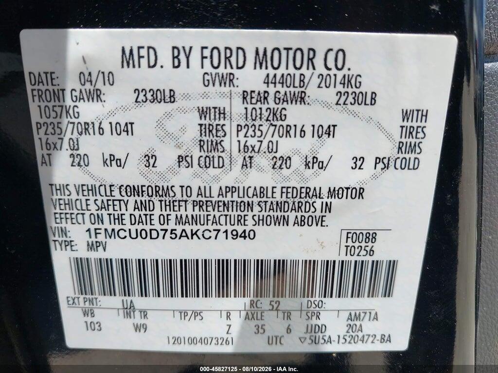 1FMCU0D75AKC71940 2010 FORD ESCAPE photo no. 9