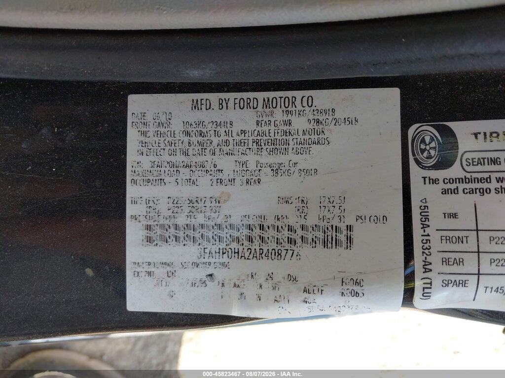 3FAHP0HA2AR408776 2010 FORD FUSION photo no. 9