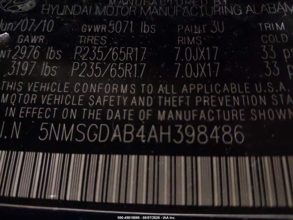 5NMSGDAB4AH398486 2010 HYUNDAI SANTA FE photo no. 9