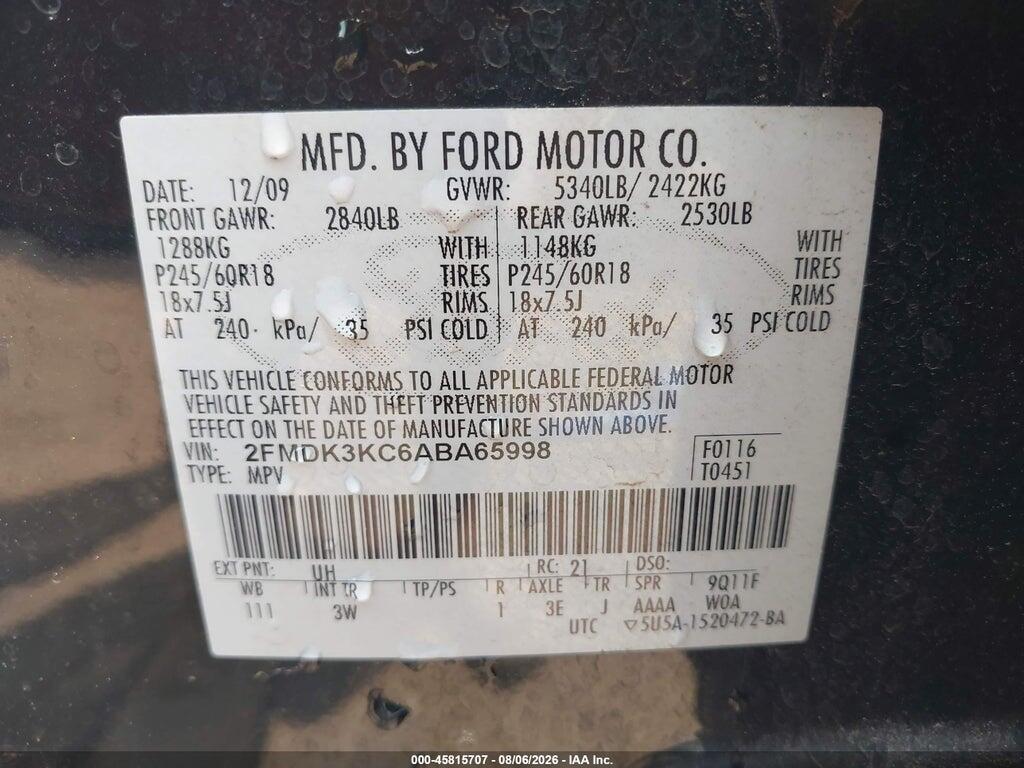 2FMDK3KC6ABA65998 2010 FORD EDGE photo no. 9