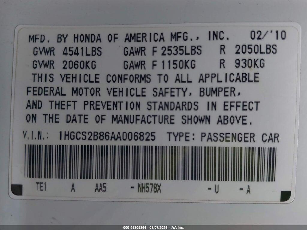 1HGCS2B86AA006825 2010 HONDA ACCORD photo no. 9