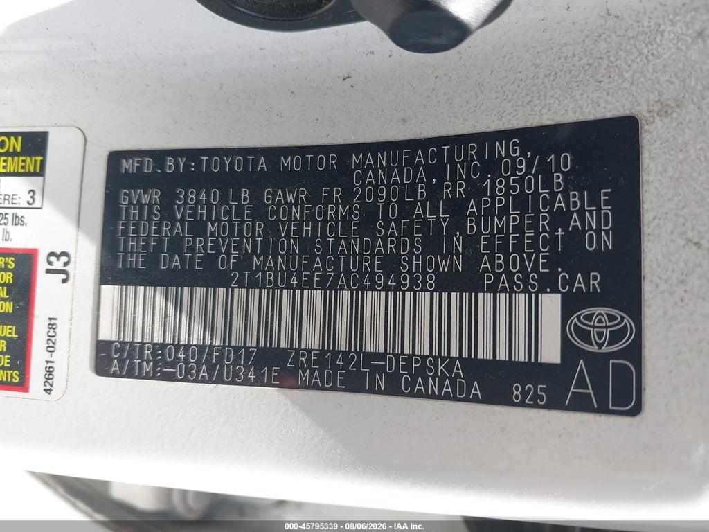 2T1BU4EE7AC494938 2010 TOYOTA COROLLA photo no. 9