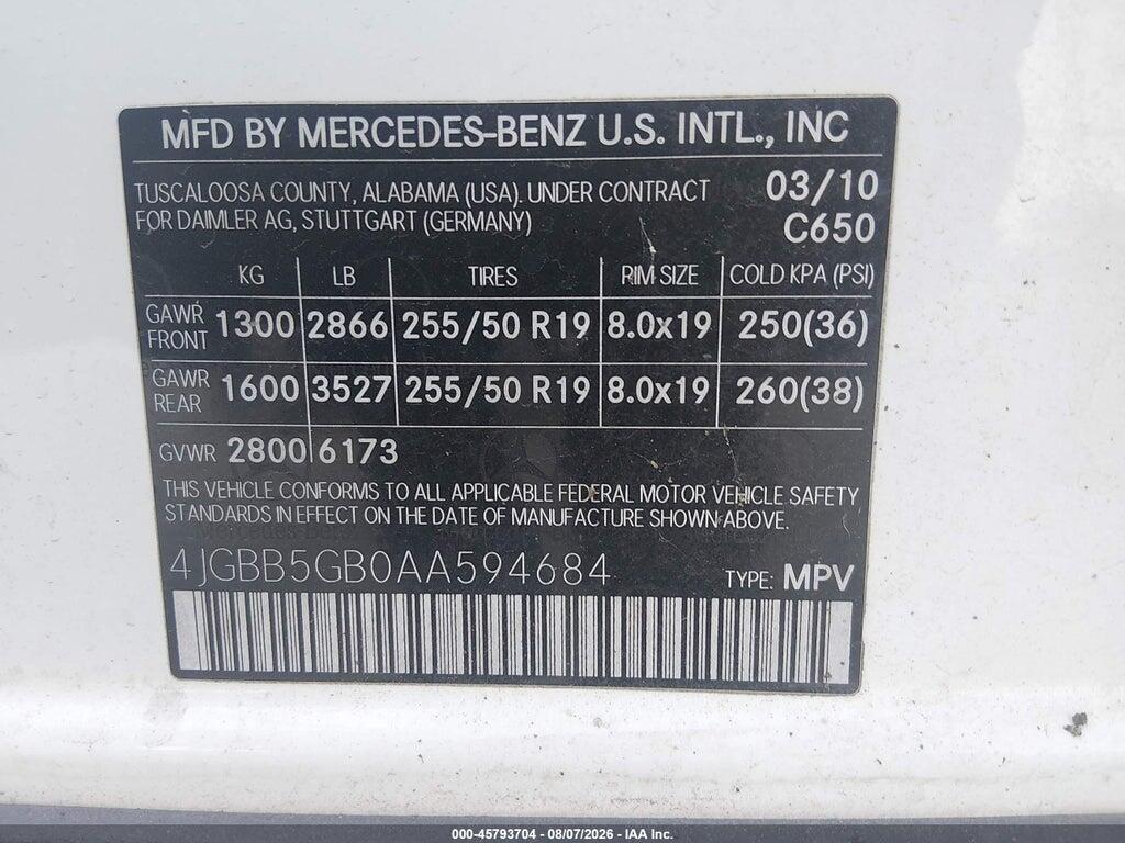 4JGBB5GB0AA594684 2010 MERCEDES-BENZ ML 350 photo no. 9