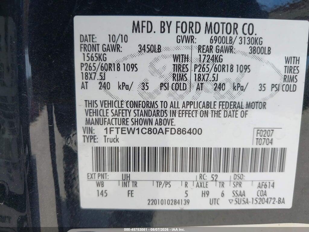 1FTEW1C80AFD86400 2010 FORD F-150 photo no. 9