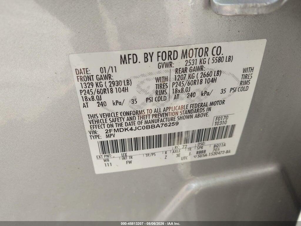 2FMDK4JC0BBA76259 2011 FORD EDGE photo no. 9