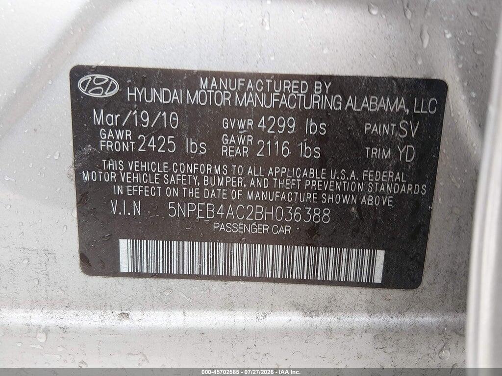 5NPEB4AC2BH036388 2011 HYUNDAI SONATA photo no. 9