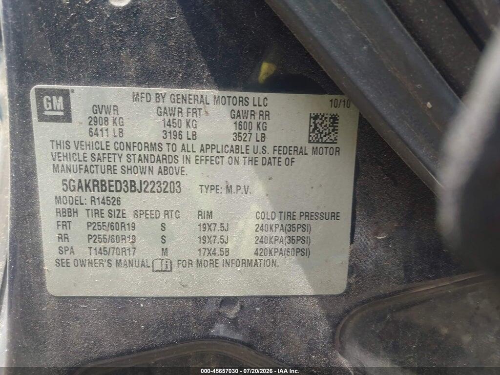 5GAKRBED3BJ223203 2011 BUICK ENCLAVE photo no. 9