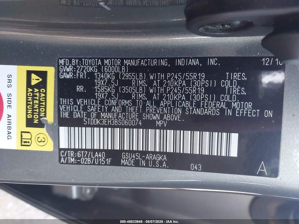 5TDDK3EH3BS060074 2011 TOYOTA HIGHLANDER photo no. 9