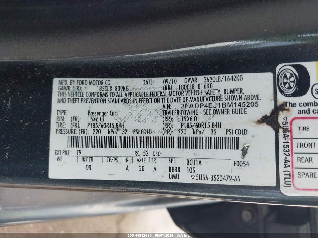 3FADP4EJ1BM145205 2011 FORD FIESTA photo no. 9