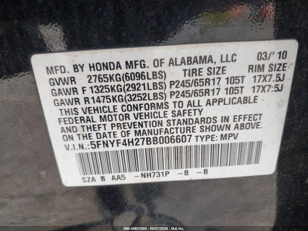 5FNYF4H27BB006607 2011 HONDA PILOT photo no. 9