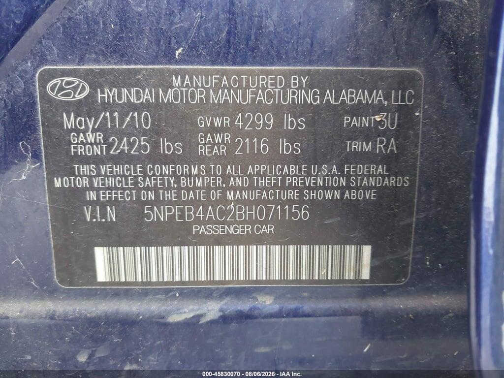 5NPEB4AC2BH071156 2011 HYUNDAI SONATA photo no. 9