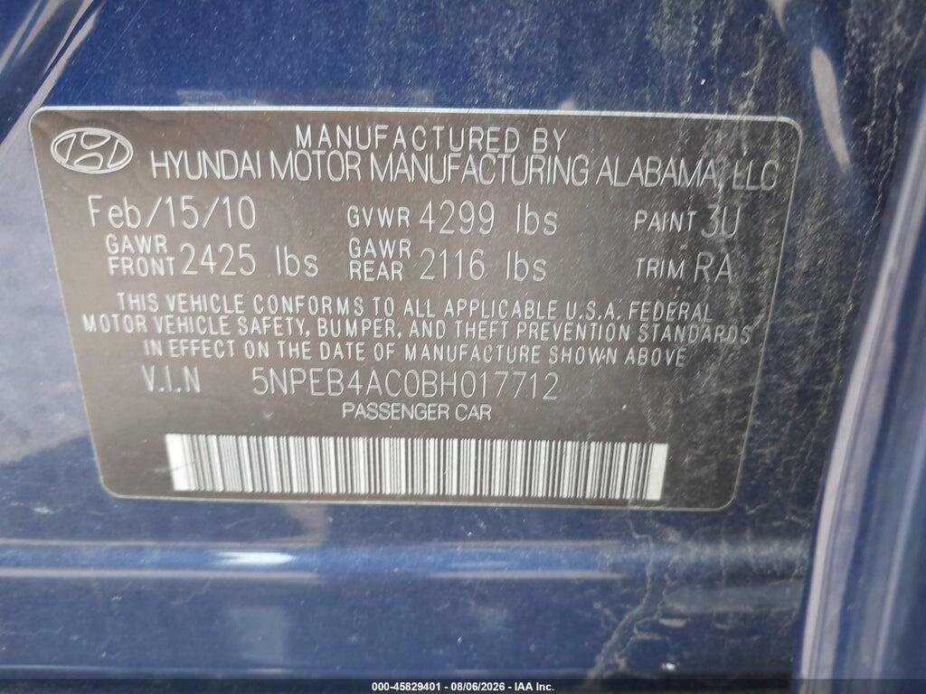 5NPEB4AC0BH017712 2011 HYUNDAI SONATA photo no. 9