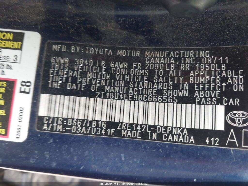 2T1BU4EE9BC666565 2011 TOYOTA COROLLA photo no. 9