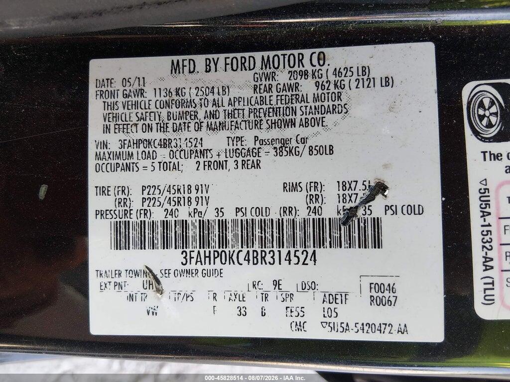 3FAHP0KC4BR314524 2011 FORD FUSION photo no. 9