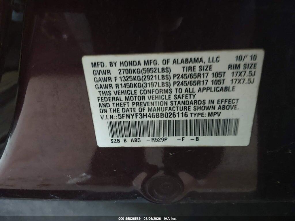 5FNYF3H46BB026116 2011 HONDA PILOT photo no. 9