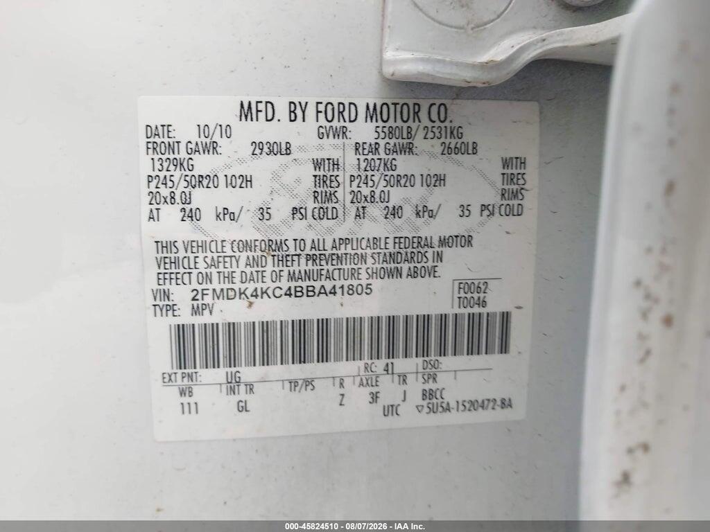 2FMDK4KC4BBA41805 2011 FORD EDGE photo no. 9