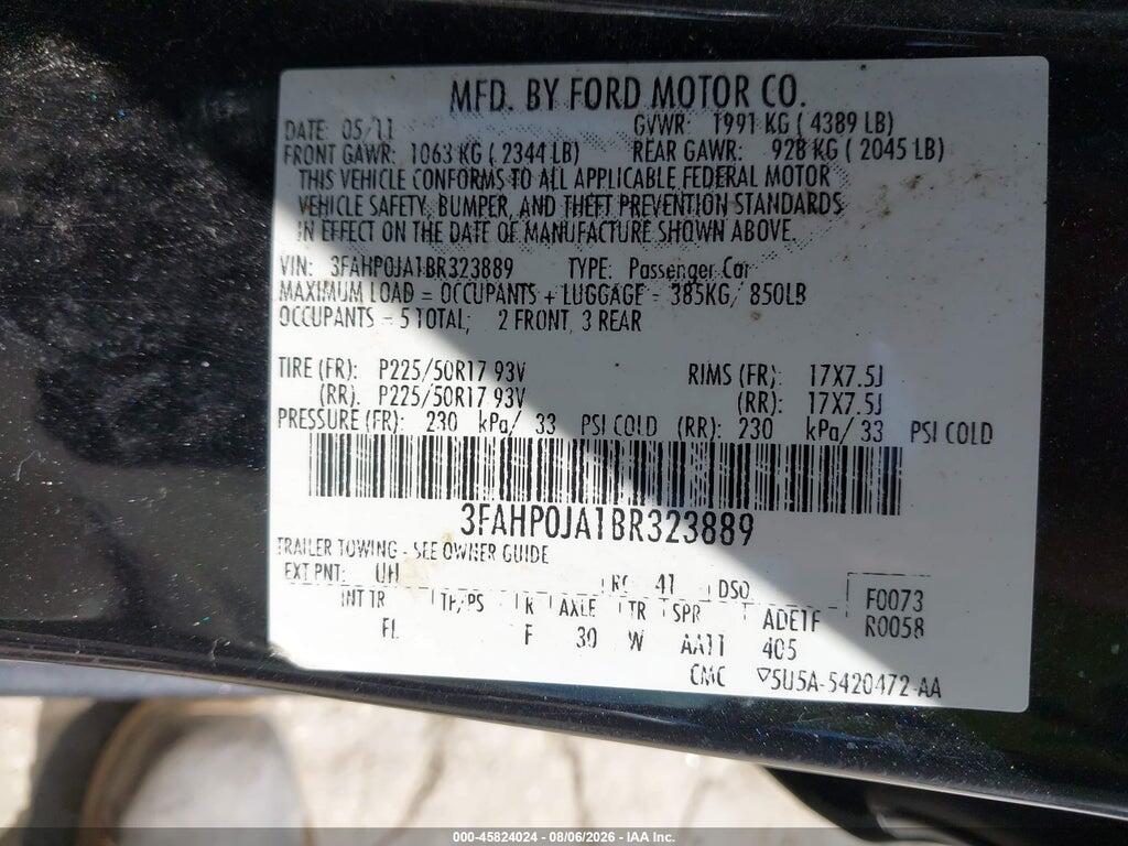 3FAHP0JA1BR323889 2011 FORD FUSION photo no. 9
