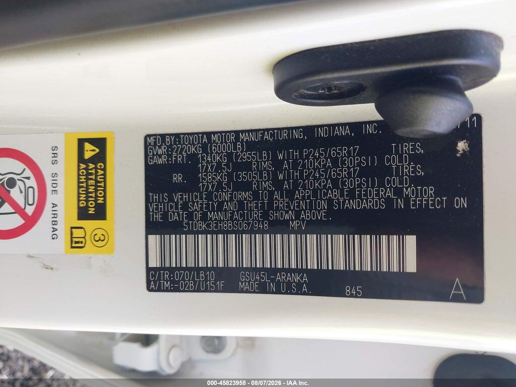 5TDBK3EH8BS067948 2011 TOYOTA HIGHLANDER photo no. 9