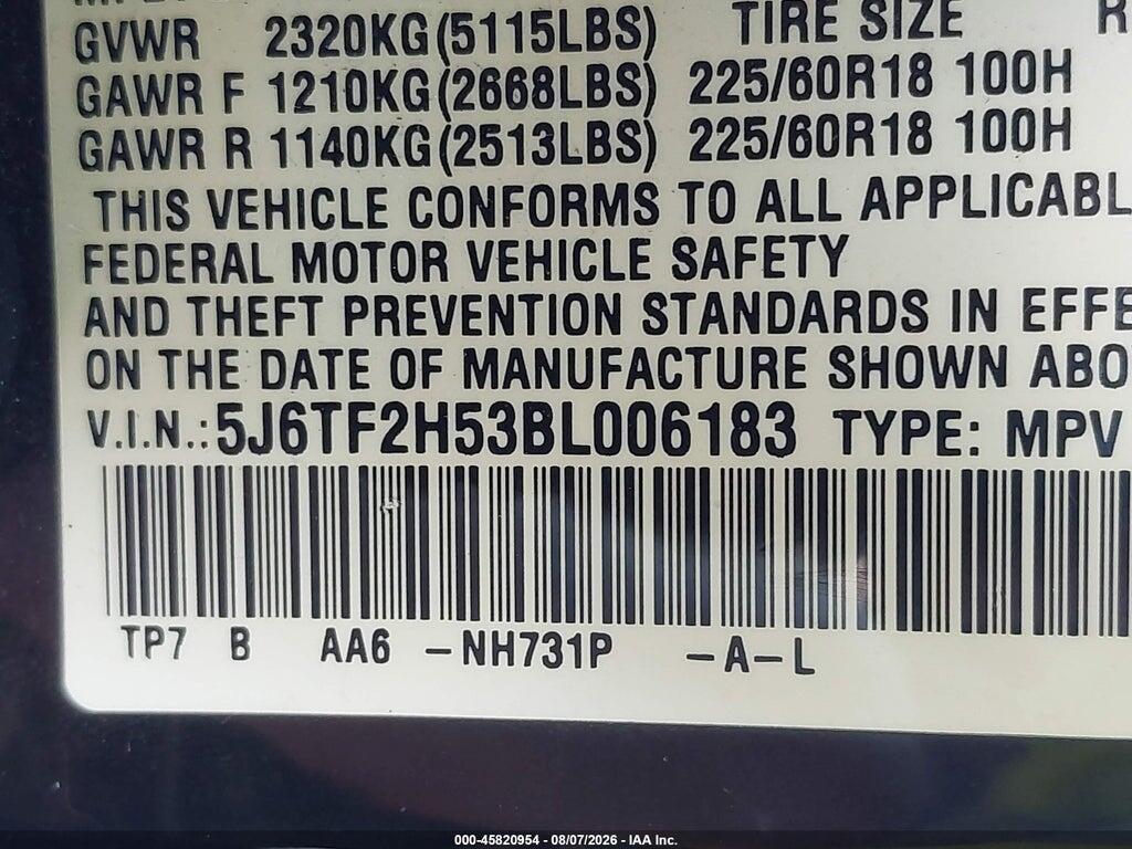 5J6TF2H53BL006183 2011 HONDA ACCORD CROSSTOUR photo no. 9
