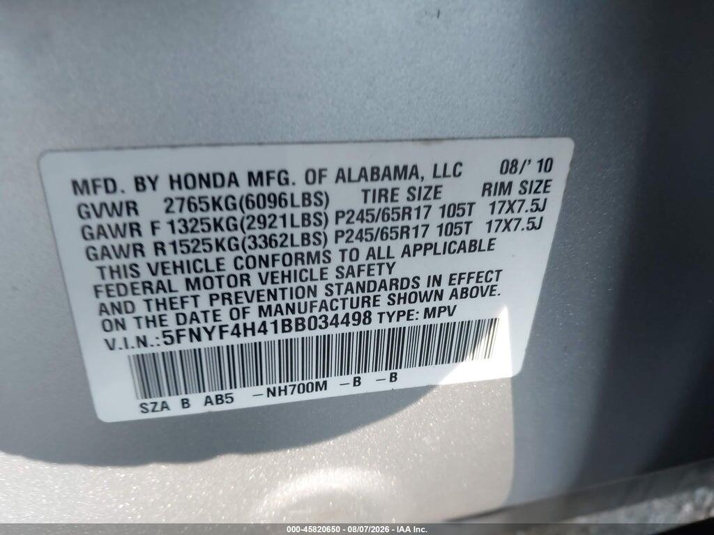 5FNYF4H41BB034498 2011 HONDA PILOT photo no. 9