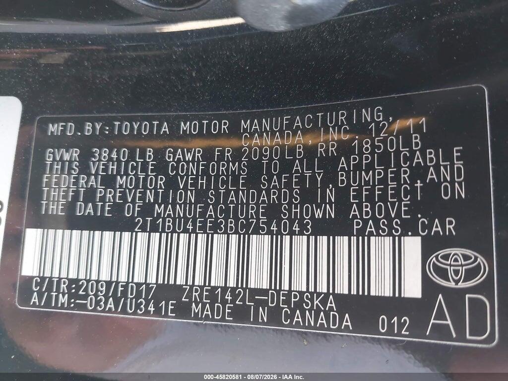 2T1BU4EE3BC754043 2011 TOYOTA COROLLA photo no. 9