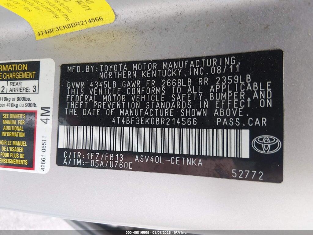 4T4BF3EK0BR214566 2011 TOYOTA CAMRY photo no. 9