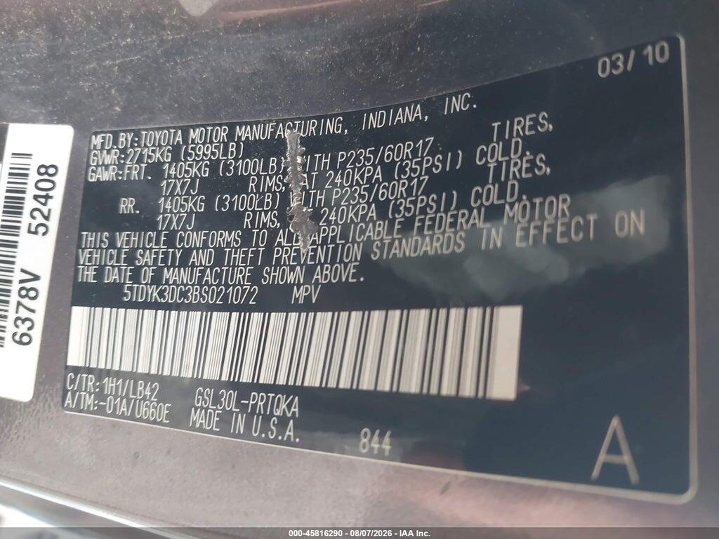 5TDYK3DC3BS021072 2011 TOYOTA SIENNA photo no. 9