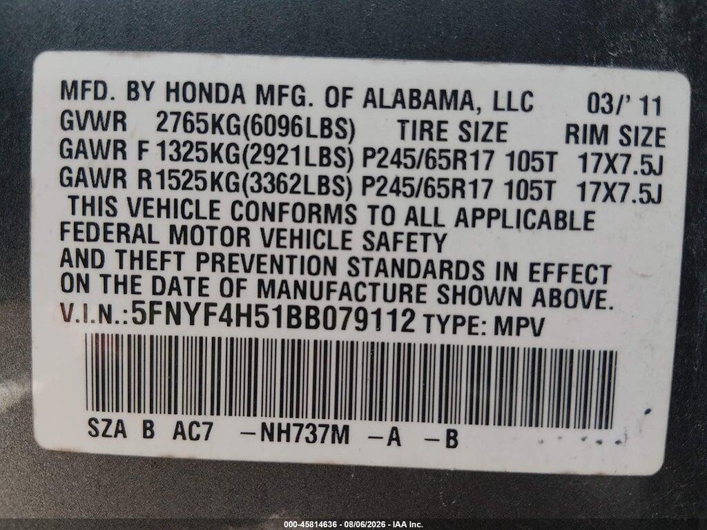 5FNYF4H51BB079112 2011 HONDA PILOT photo no. 9