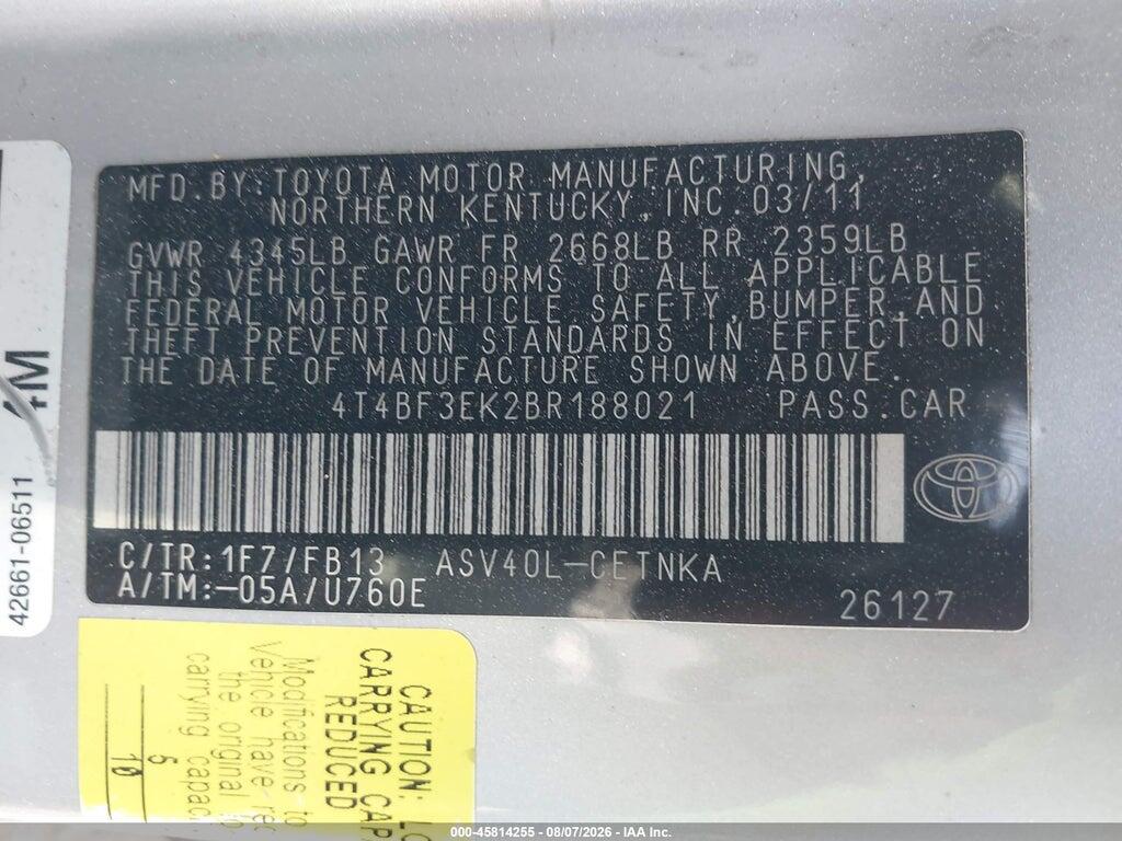 4T4BF3EK2BR188021 2011 TOYOTA CAMRY photo no. 9