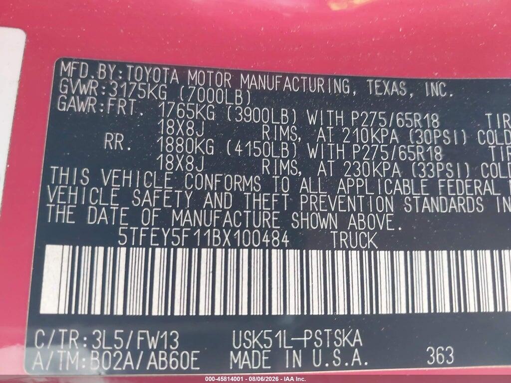 5TFEY5F11BX100484 2011 TOYOTA TUNDRA photo no. 9