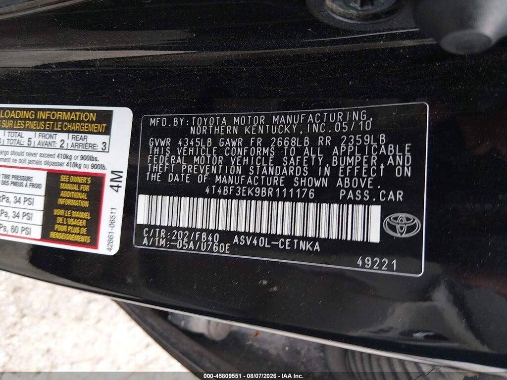 4T4BF3EK9BR111176 2011 TOYOTA CAMRY photo no. 9