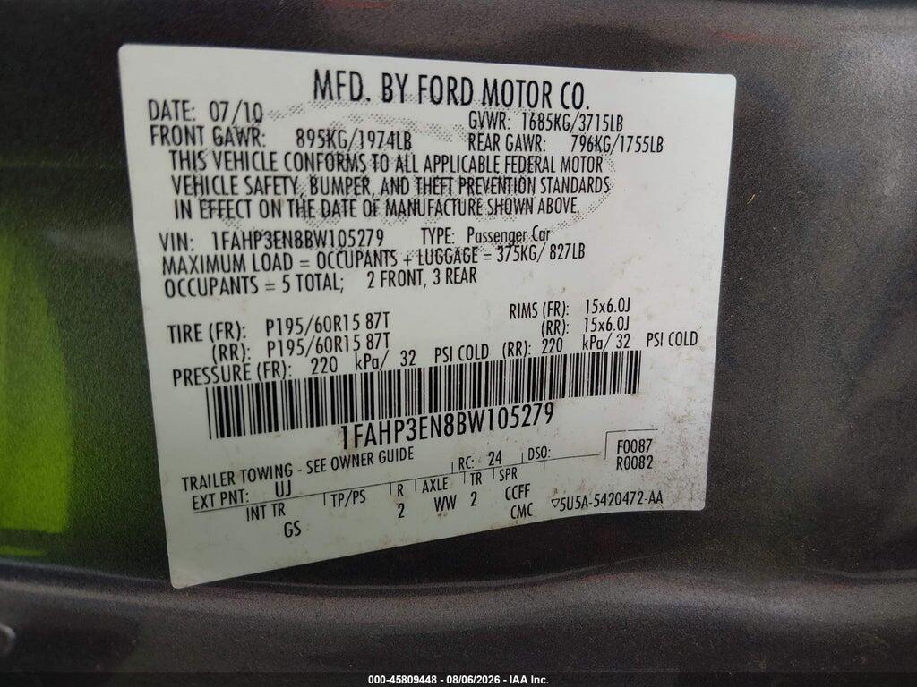 1FAHP3EN8BW105279 2011 FORD FOCUS photo no. 9