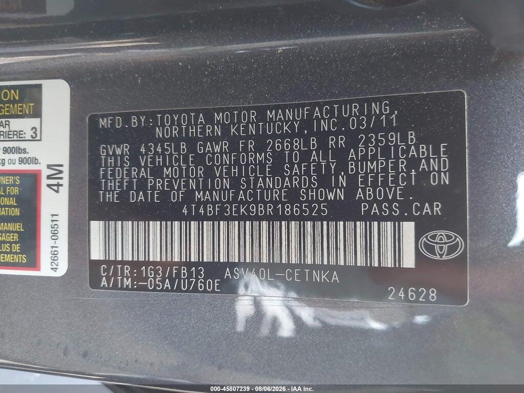 4T4BF3EK9BR186525 2011 TOYOTA CAMRY photo no. 9