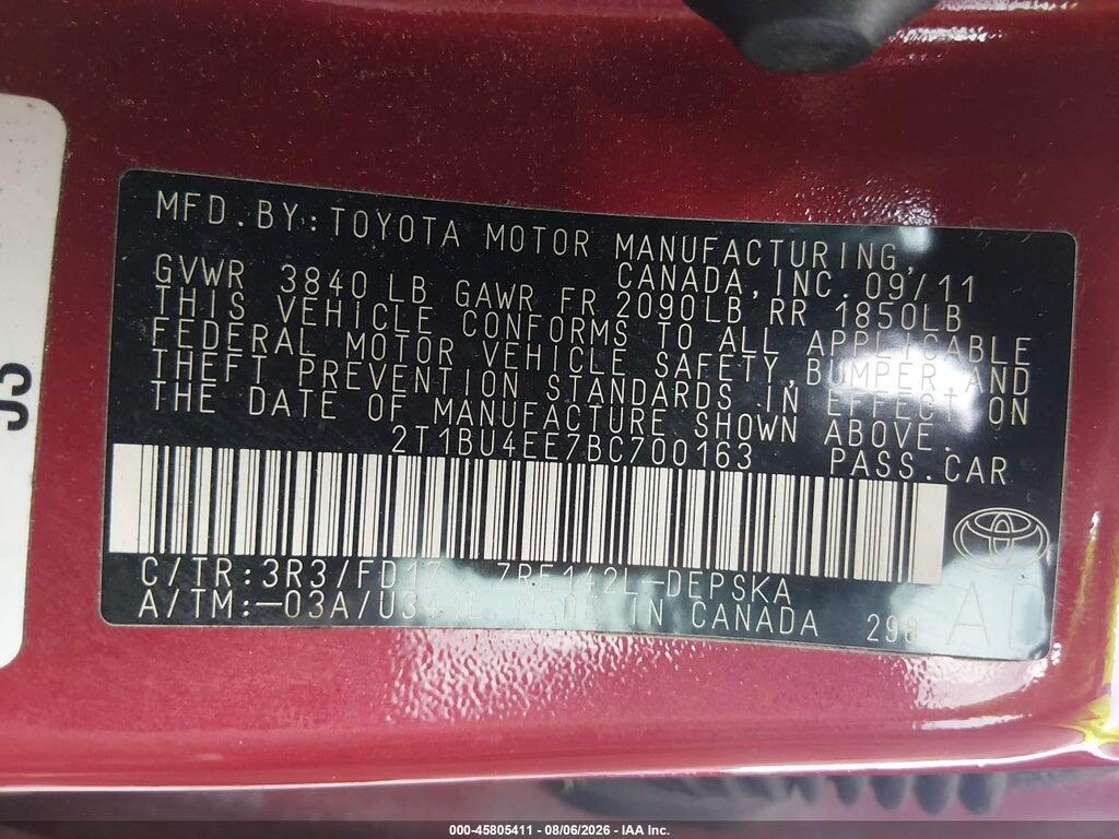 2T1BU4EE7BC700163 2011 TOYOTA COROLLA photo no. 9