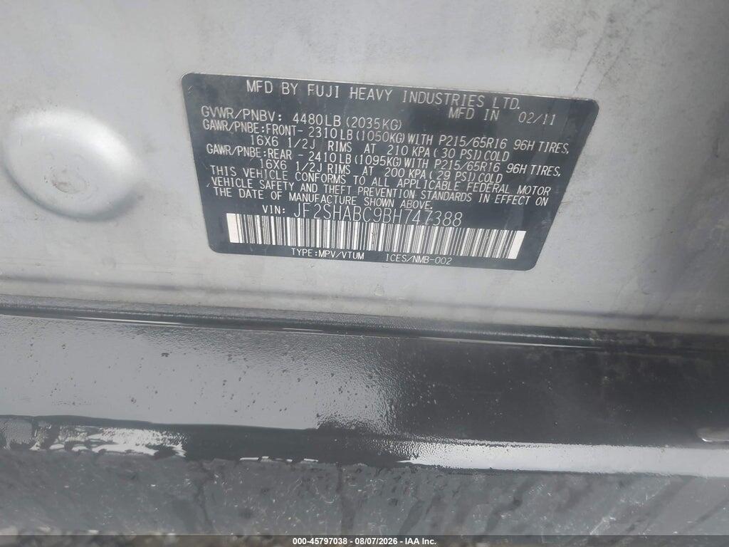JF2SHABC9BH747388 2011 SUBARU FORESTER photo no. 9
