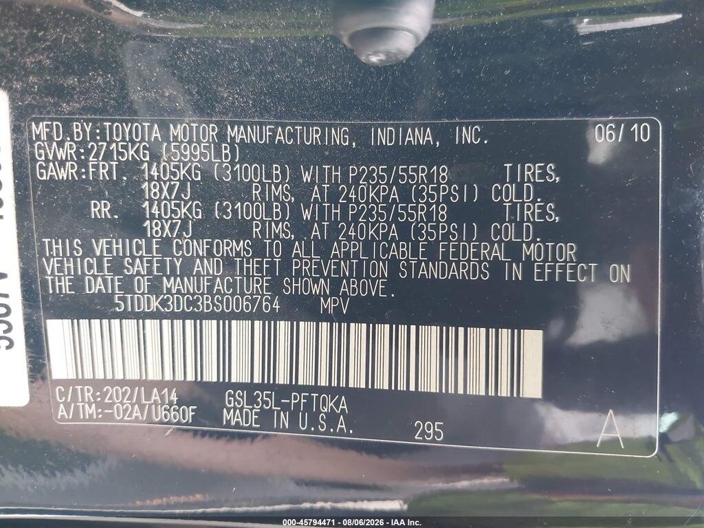 5TDDK3DC3BS006764 2011 TOYOTA SIENNA photo no. 9