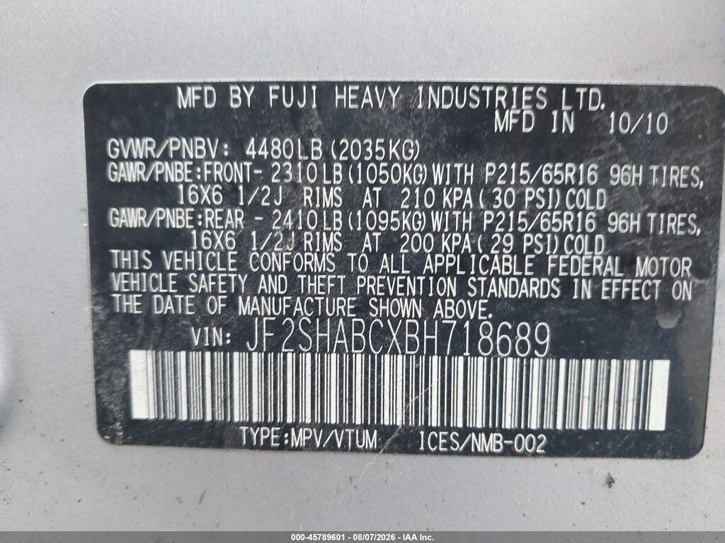 JF2SHABCXBH718689 2011 SUBARU FORESTER photo no. 9