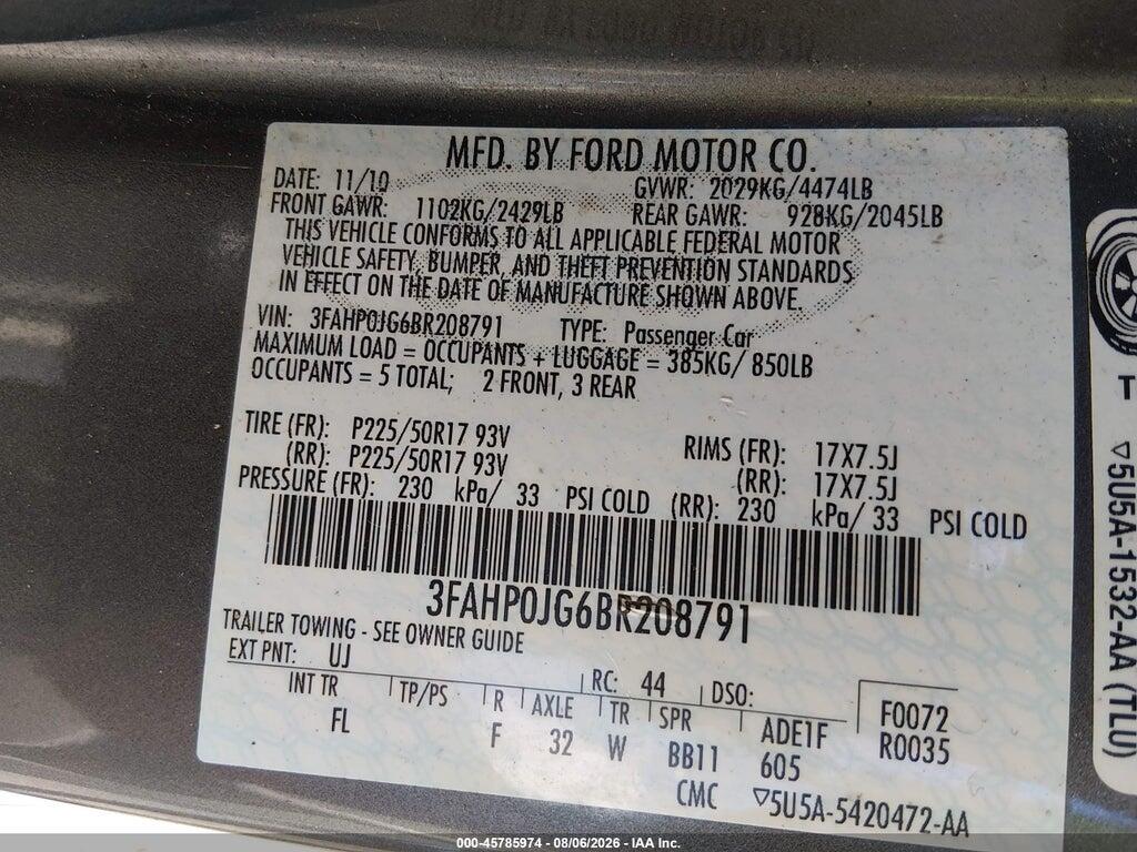 3FAHP0JG6BR208791 2011 FORD FUSION photo no. 9