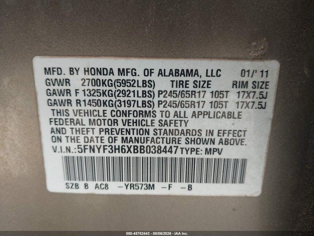 5FNYF3H6XBB038447 2011 HONDA PILOT photo no. 9